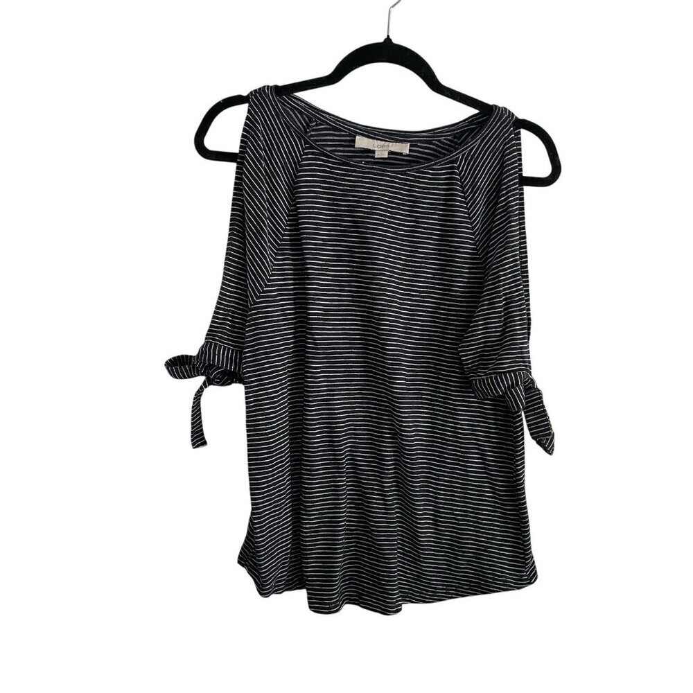 Ann Taylor Loft Women Sz M Black/White Striped Cold Shoulder Tie S/S Top